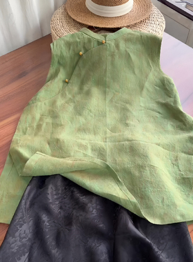 新中式国风简约复古绿色亚麻上衣女2025夏季新款淡雅斜襟小众背心