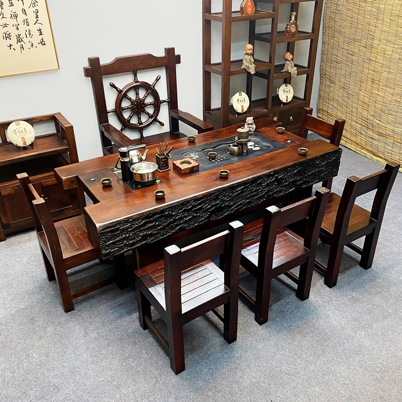 老船木茶桌椅组合办公室中式茶几现代简约实木龙骨家具泡茶桌家用