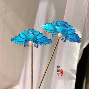 9.9一对烧蓝牡丹发簪明制汉服簪子旗袍优雅简约古风拍照发饰配饰