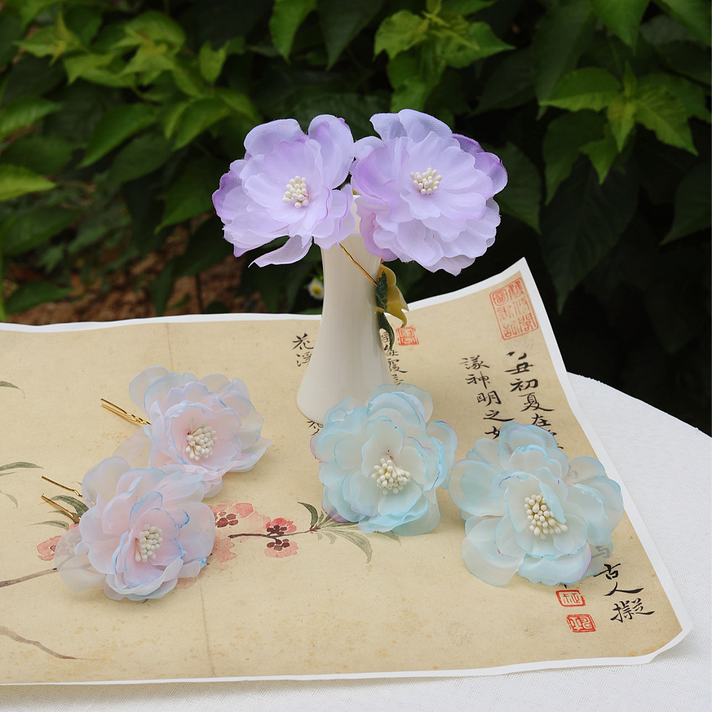 醉流年小牡丹绢纱烫花发饰边夹