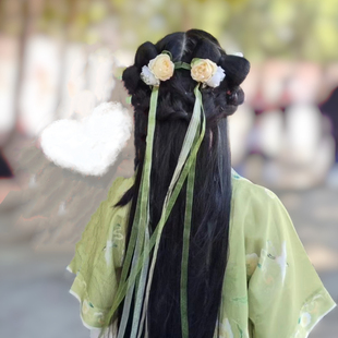 原创 汉服长飘带发饰蔡文姬花朝如约清新黄绿色头饰仿真绢花对夹