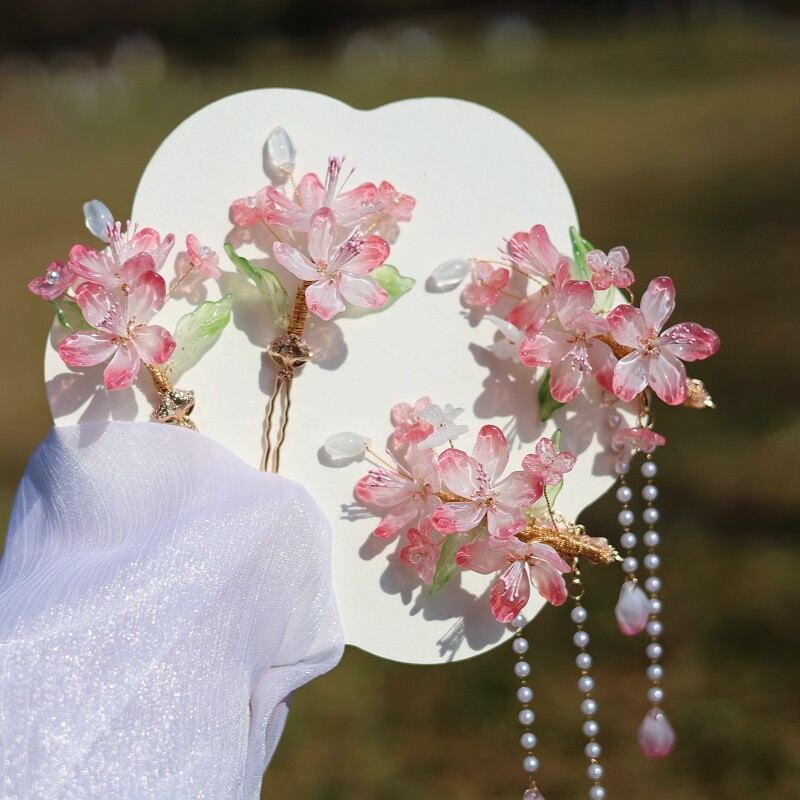 醉流年【碧桃】桃花琉璃边夹春意森系女可爱古风汉服旗袍流苏发饰