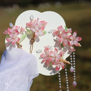 醉流年【碧桃】桃花琉璃边夹春意森系女可爱古风汉服旗袍流苏发饰