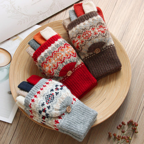 润颖女士羊毛半指翻盖提花手套