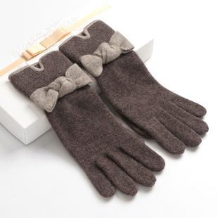 秋冬季韩版针织保暖短款羊毛女士触屏蝴蝶结100%纯山羊绒手套全指