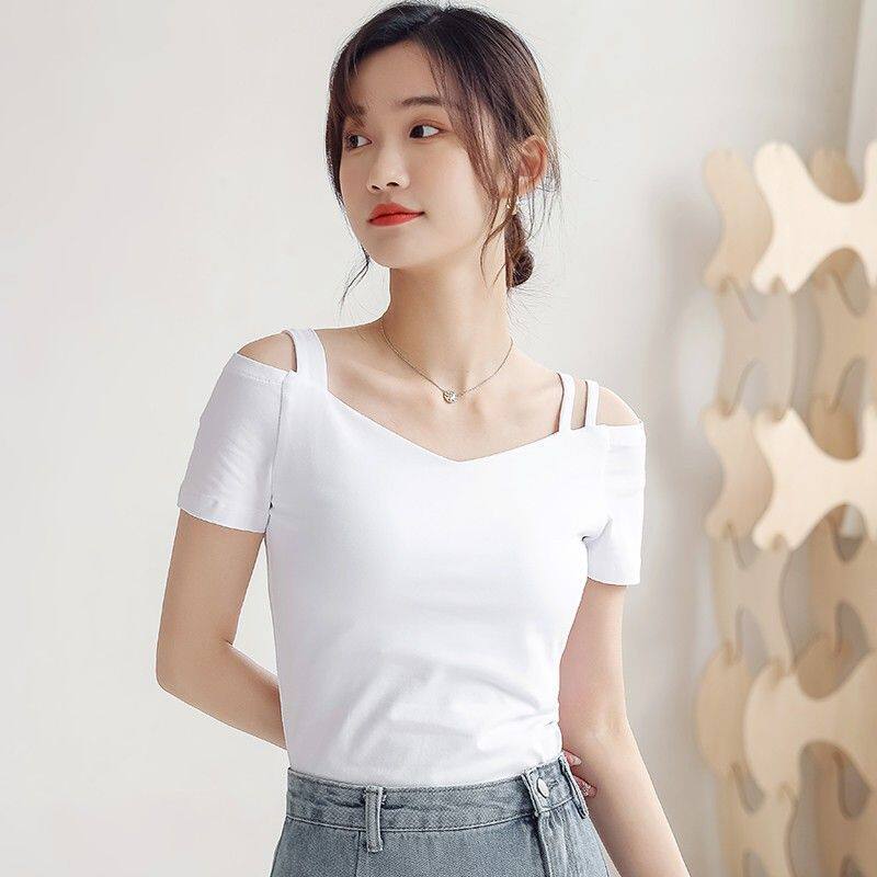 夏季韩版一字领露肩修身T恤女