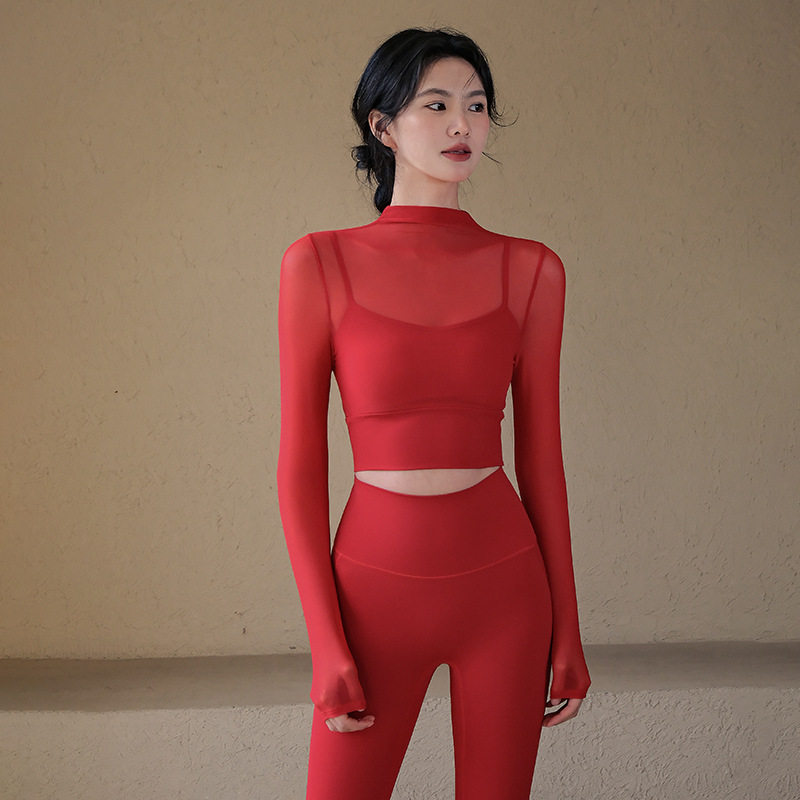 瑜伽服女2026新款新年红色网纱假两件运动上衣带胸垫长袖健身服,运动/瑜伽/健身/球迷用品,瑜伽t恤,淘宝优惠券,粉丝福利购,淘宝优惠卷