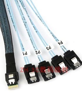 全新Slim SAS 4.0 SFF-8654转4 SATA3 7P磁盘阵列硬盘数据连接线