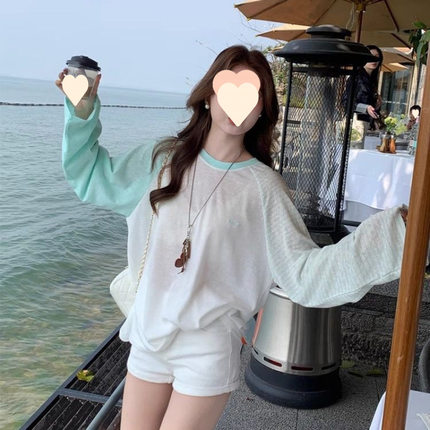 慵懒风圆领绿色长袖T恤女2025夏季新款薄款防晒罩衫漂亮上衣