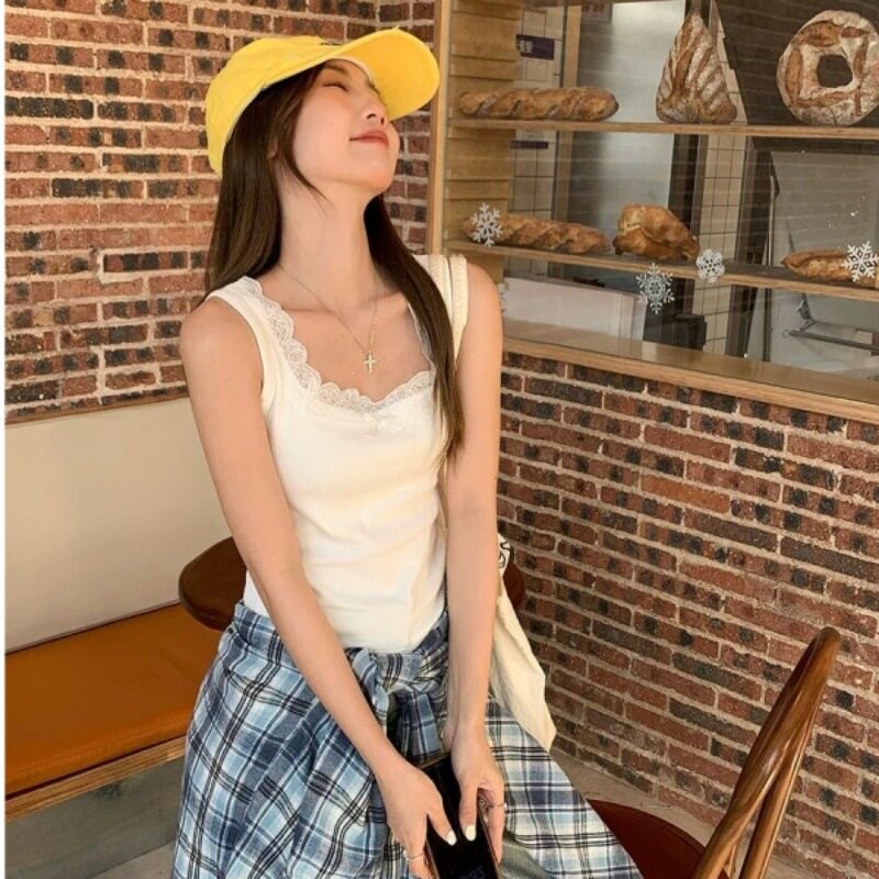 带胸垫 方领蕾丝吊带背心女夏新款大码外穿修身内搭打底无袖上衣