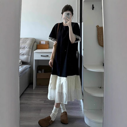 宽松微胖遮肉显瘦连衣裙子长裙女夏季2026新款黑色长款过膝T恤裙