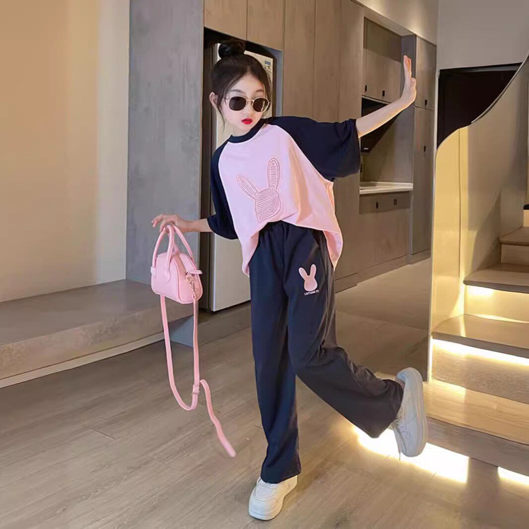 一二年级小学生女孩衣服短袖长裤套装网红洋气女童运动两件套夏季