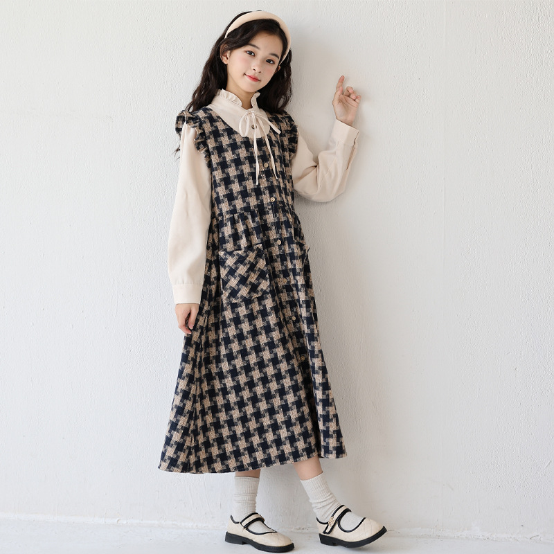 森系女童格子连衣裙秋冬款气质儿童裙子12岁小学生女孩设计感长裙