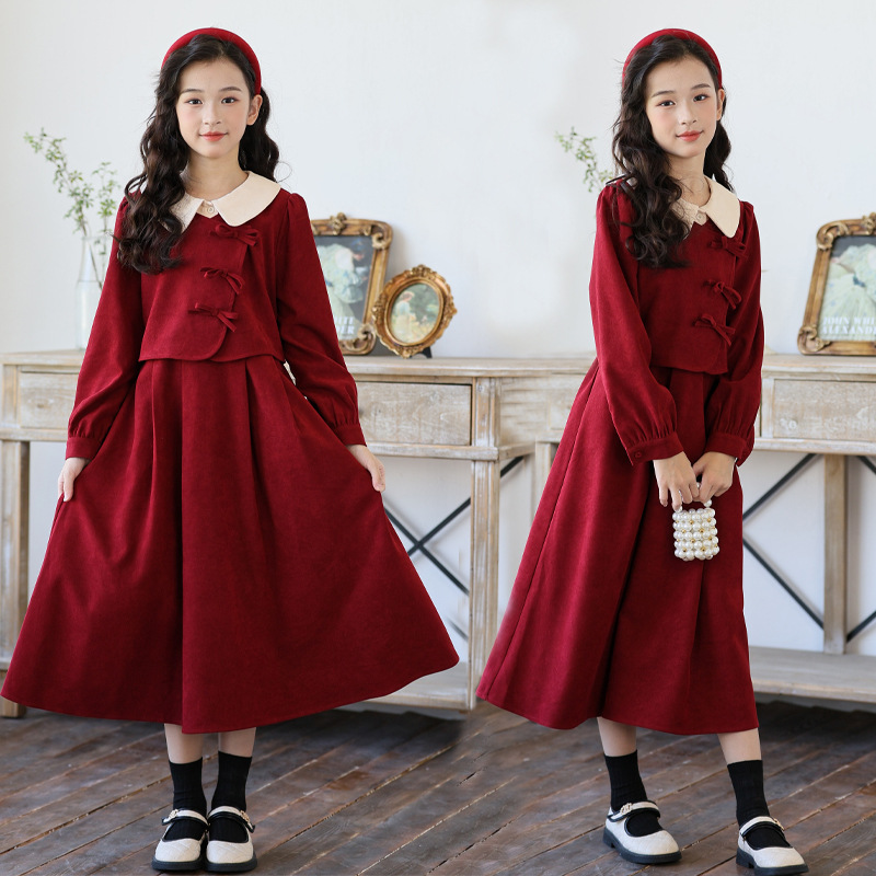 简单大气女童红色连衣裙秋冬小女孩收腰公主裙儿童姐妹装裙子新年