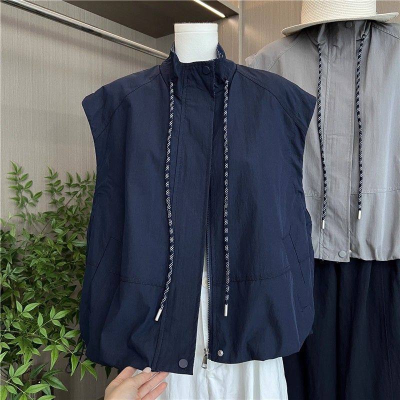 韩系工装拼格子马甲女秋宽松休闲