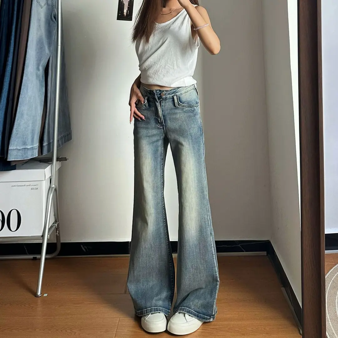 小个子一米五美式复古微喇牛仔裤女高腰显瘦宽松直筒新款喇叭裤子