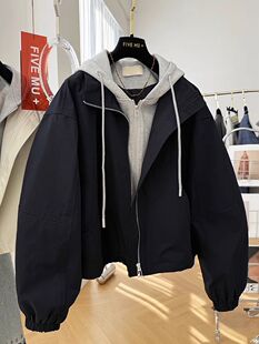 高级感韩系独特别致连帽卫衣拼接假两件短款外套女春秋超好看夹克