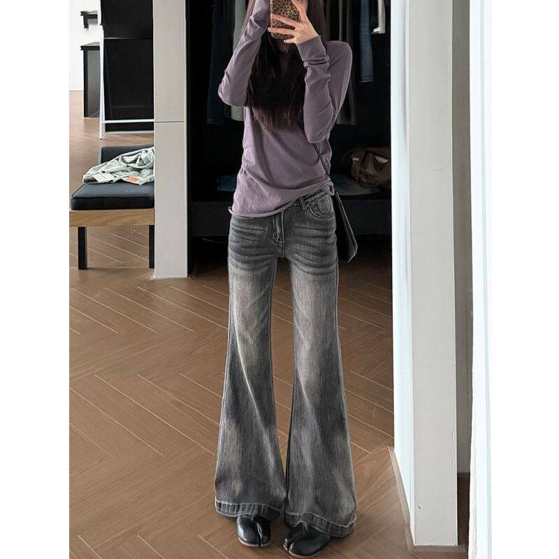 美式高街黑灰色微喇牛仔裤女