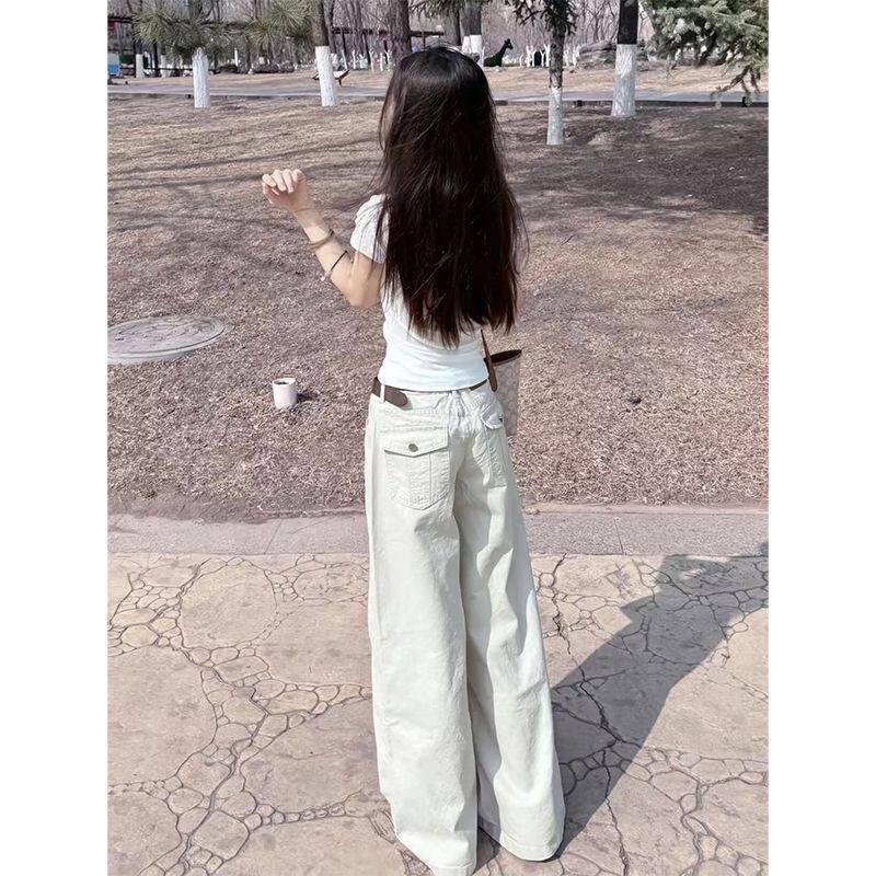 小个子低腰浅杏色阔腿牛仔裤女