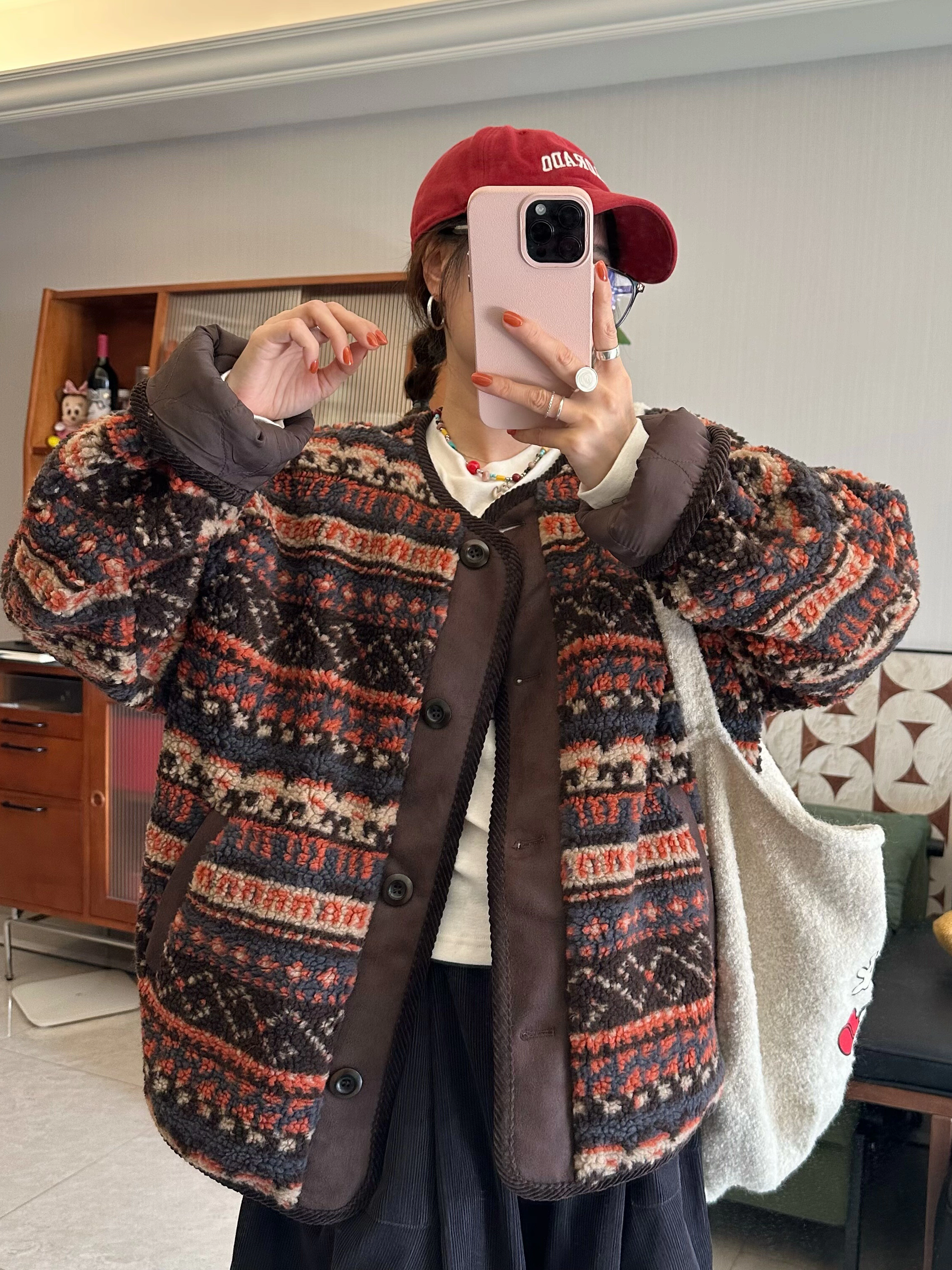 复古费尔岛羊羔毛夹棉外套女