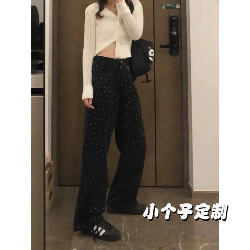 2025年夏季小个子美式碎花波点牛仔裤女黑色裤直筒休闲拖地阔腿裤