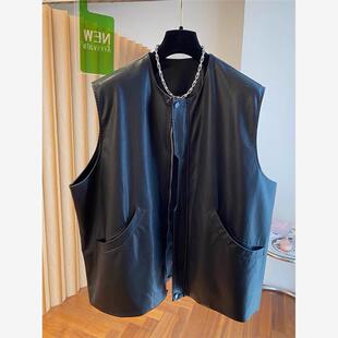 高端中长款pu皮马甲女春秋2025新款宽松休闲复古无袖背心皮衣外套