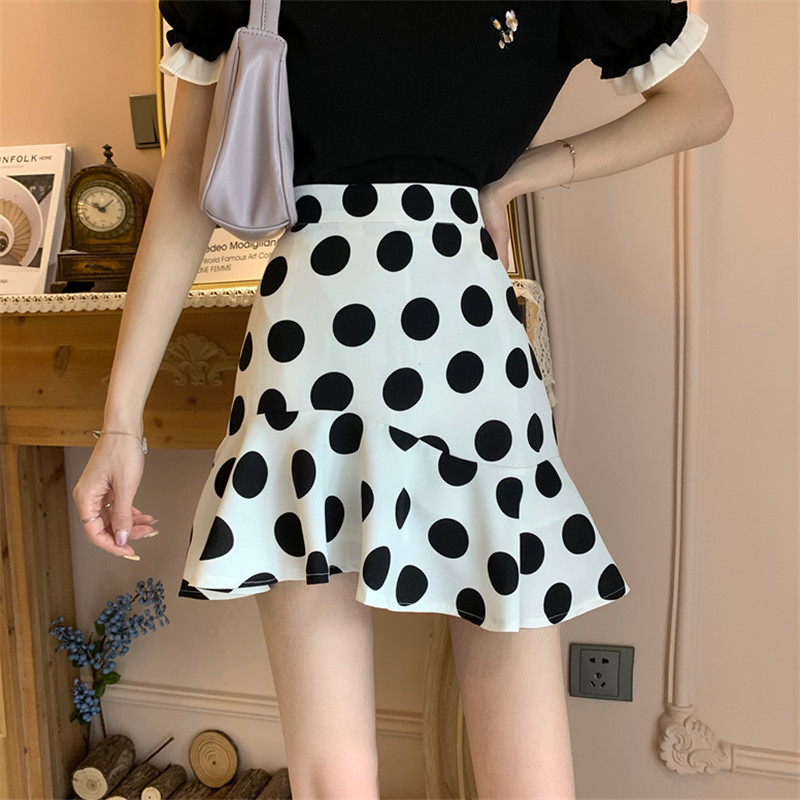 Real price Korean high waist slim dot Ruffle fishtail skirt