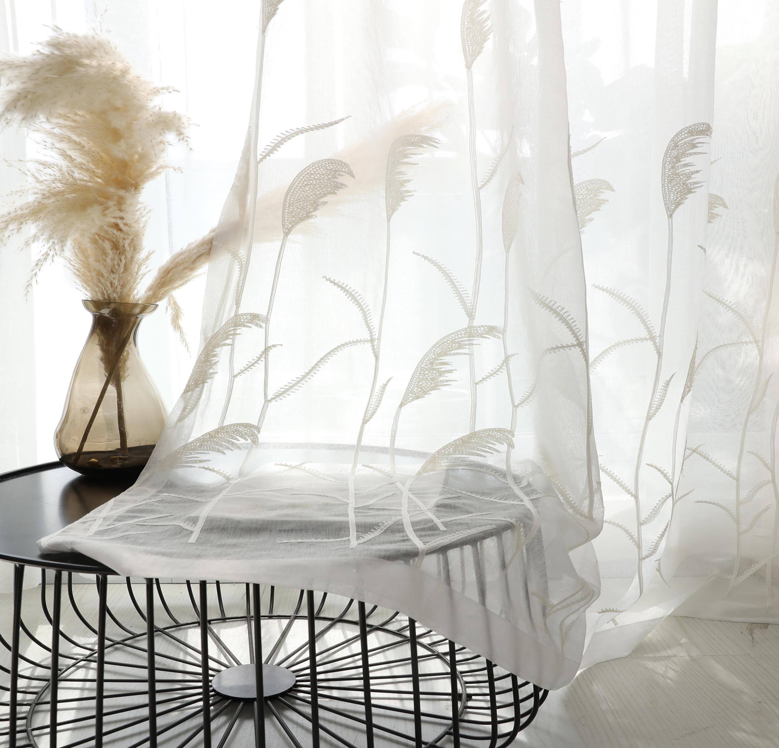 窗纱韩式田园风芦苇纱太阳花窗帘北欧风格绣花刺绣隔断阳台纱帘