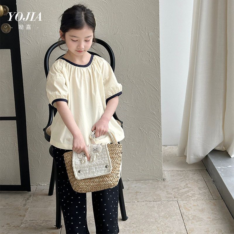 YOJIA女童T恤夏装2025新款韩范小女孩泡泡袖童装上衣儿童短袖夏季