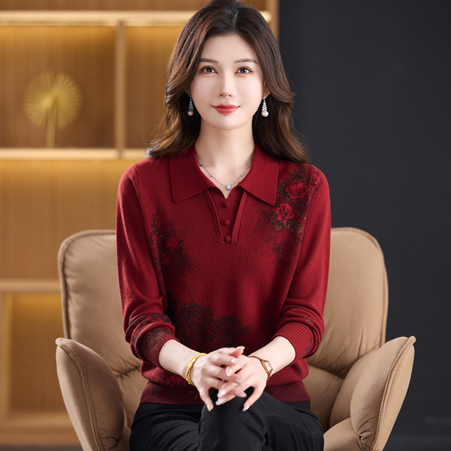 【100%纯山羊绒】中老年妈妈毛衣女厚款针织羊绒衫秋冬上衣打底衫