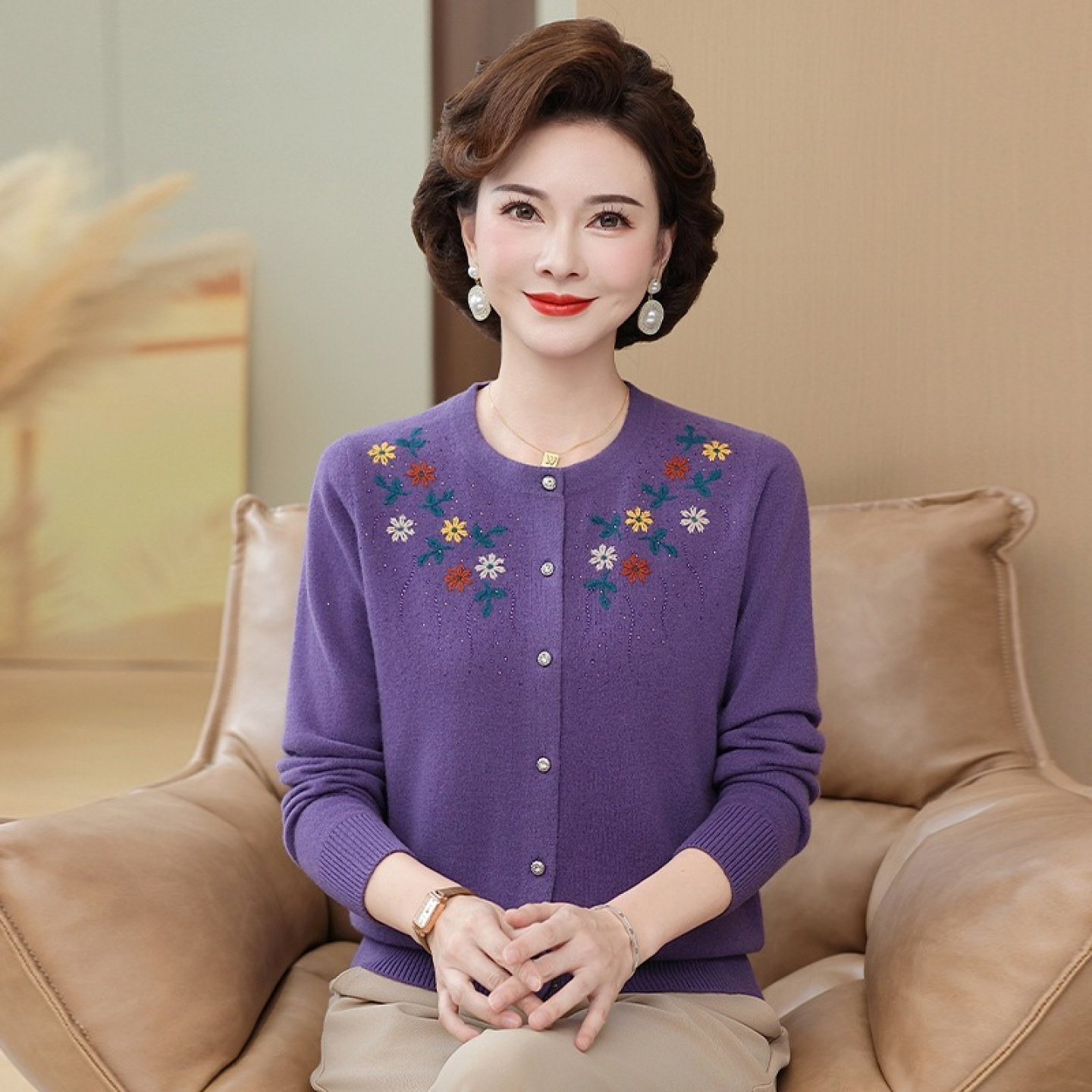 【100%纯山羊绒】针织羊绒衫外套中老年妈妈毛衣秋冬开衫上衣女厚