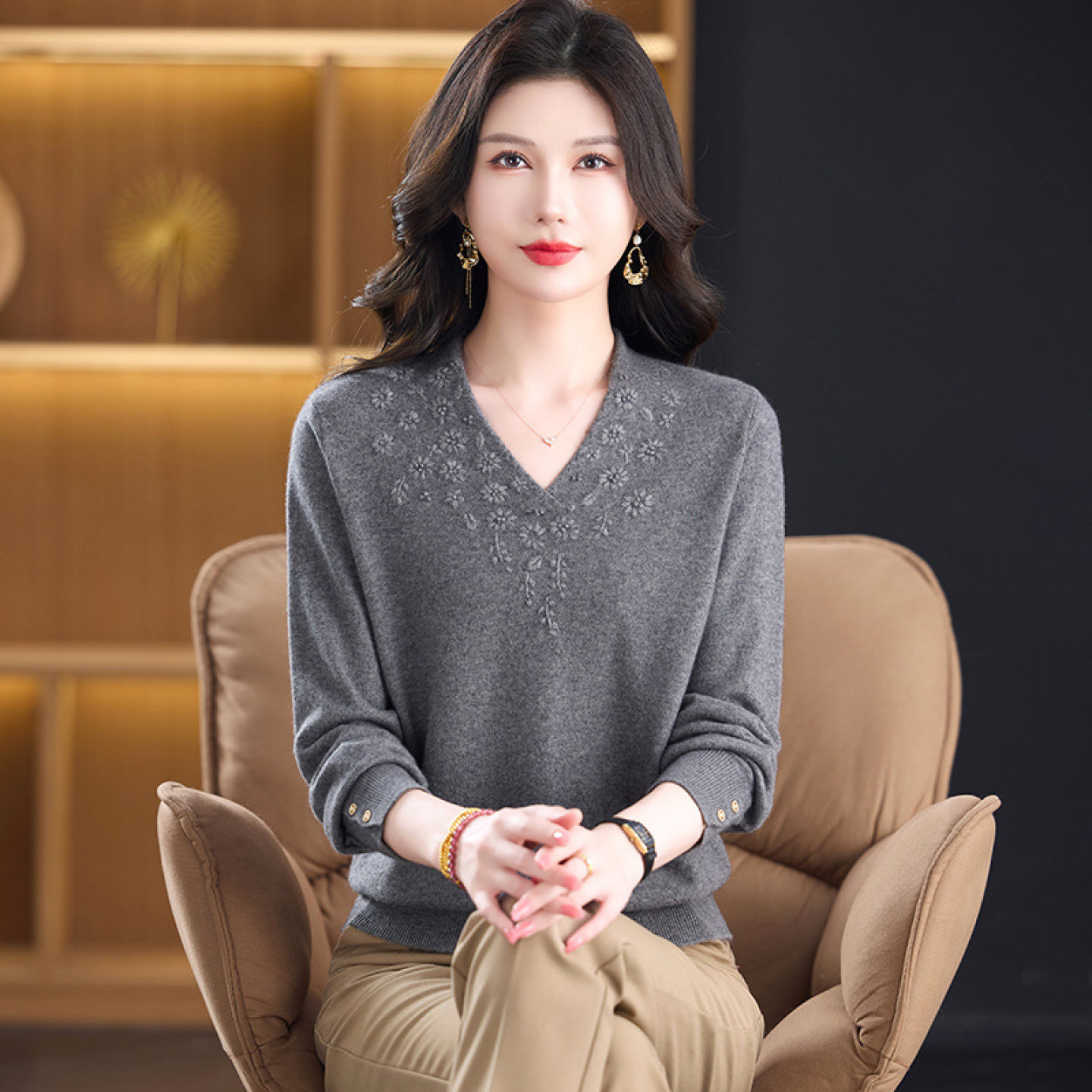 【100%纯山羊绒】上衣女厚款针织羊绒衫中老年妈妈毛衣打底衫秋冬