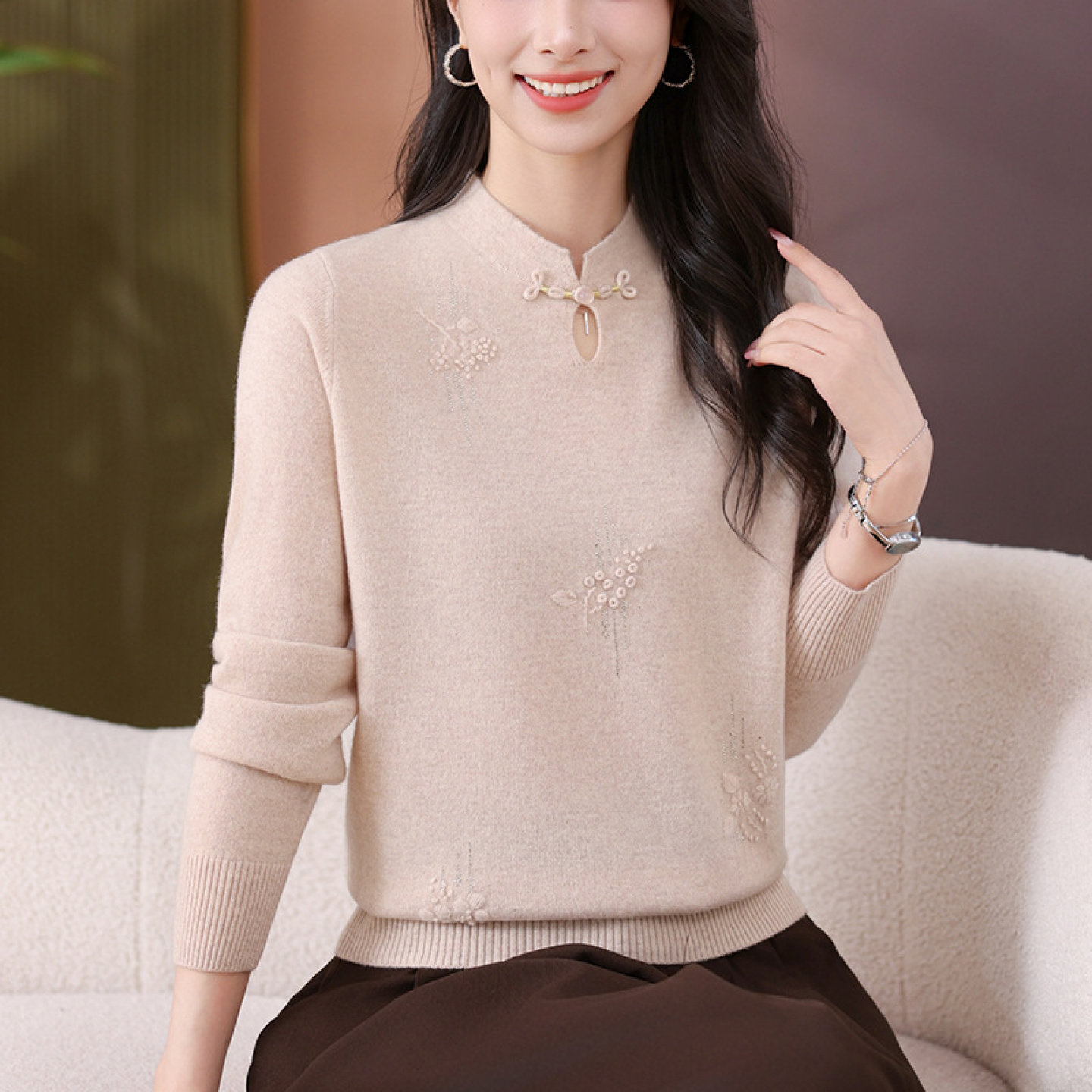 【100%纯山羊绒】中老年妈妈毛衣上衣打底衫秋冬女厚款针织羊绒衫