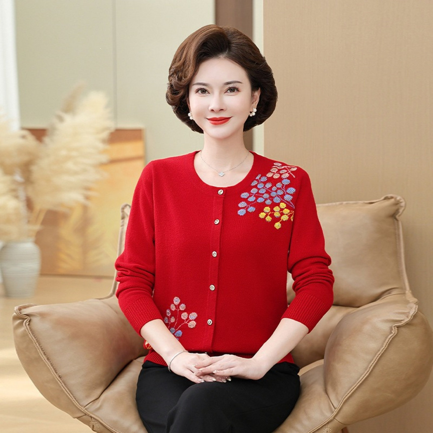 【100%纯山羊绒】开衫女厚针织羊绒衫外套中老年妈妈毛衣上衣秋冬
