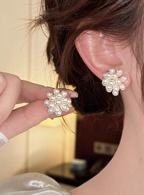 MEILAIFUREN高端定制白色珍珠花朵耳钉女轻奢高级感气质耳环耳饰