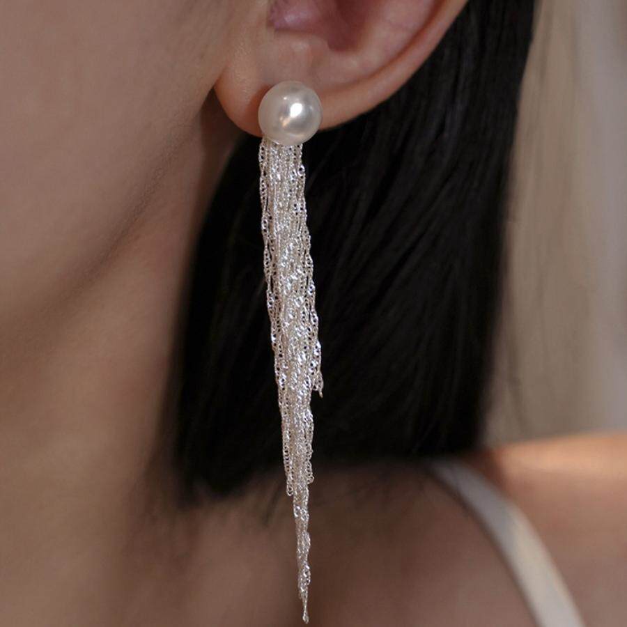 MEILAIFUREN高端定制 雪白长款流苏珍珠耳钉轻奢耳夹纯银耳饰