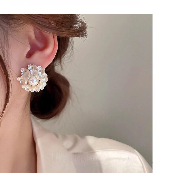MEILAIFUREN高端定制珍珠耳饰女花朵耳钉结婚婚纱照重工奢华耳环