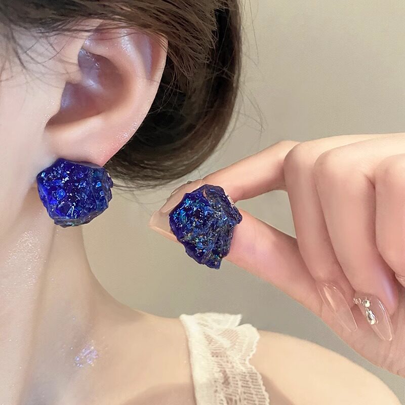 蓝色不规则树脂耳钉女时尚百搭