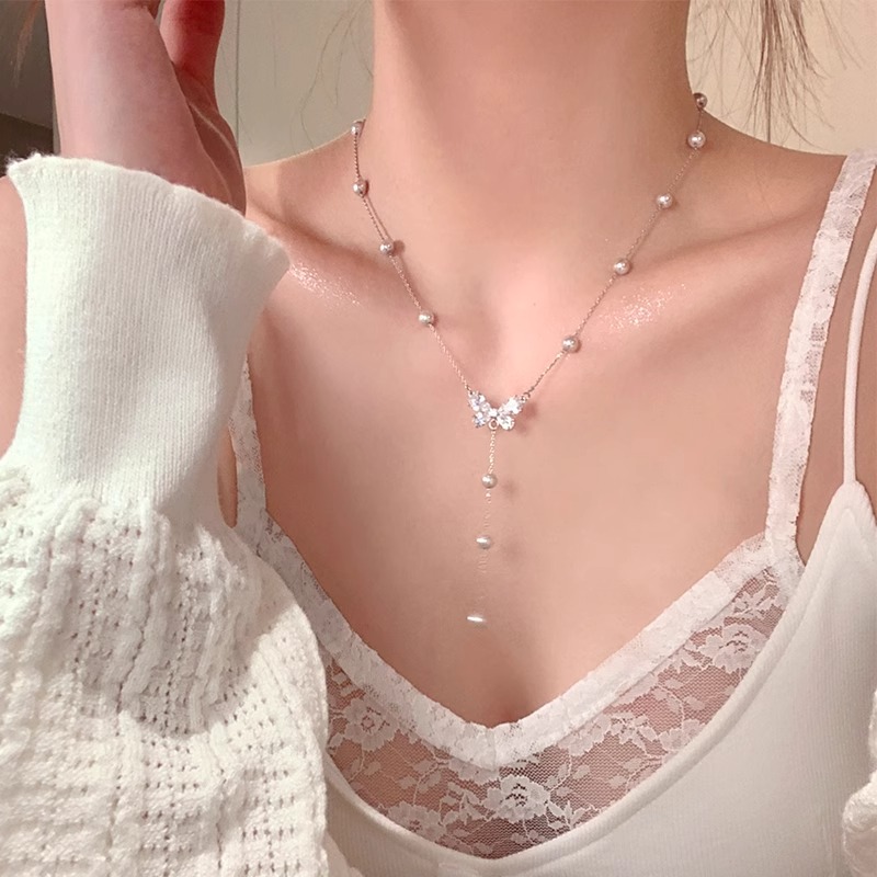 海边度假闪锆蝴蝶珍珠项链女