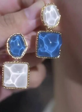 MEILAIFUREN高端定制轻奢时尚高级感不对称蓝色几何耳环优雅耳钉