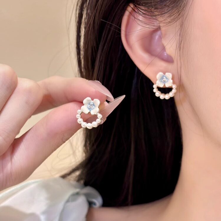蓝色花朵珍珠耳钉女耳环耳饰品