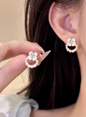 MEILAIFUREN高端定制夏季滴油蓝色花朵珍珠耳钉女简约耳环耳饰品