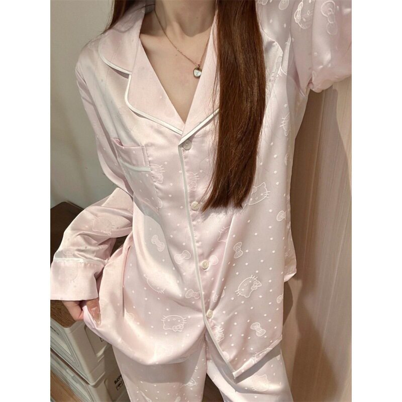 少女高级感轻奢粉色HelloKitty缎面冰丝睡衣女早秋新款家居服套装
