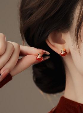 MEILAIFUREN高端定制红色玛瑙钱币福袋耳钉轻奢高级感气质耳环