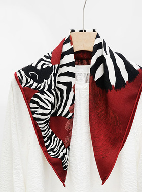 秋冬款真丝羊毛62cm方巾女围巾高级百搭韩版丝毛披肩斑马保暖方巾