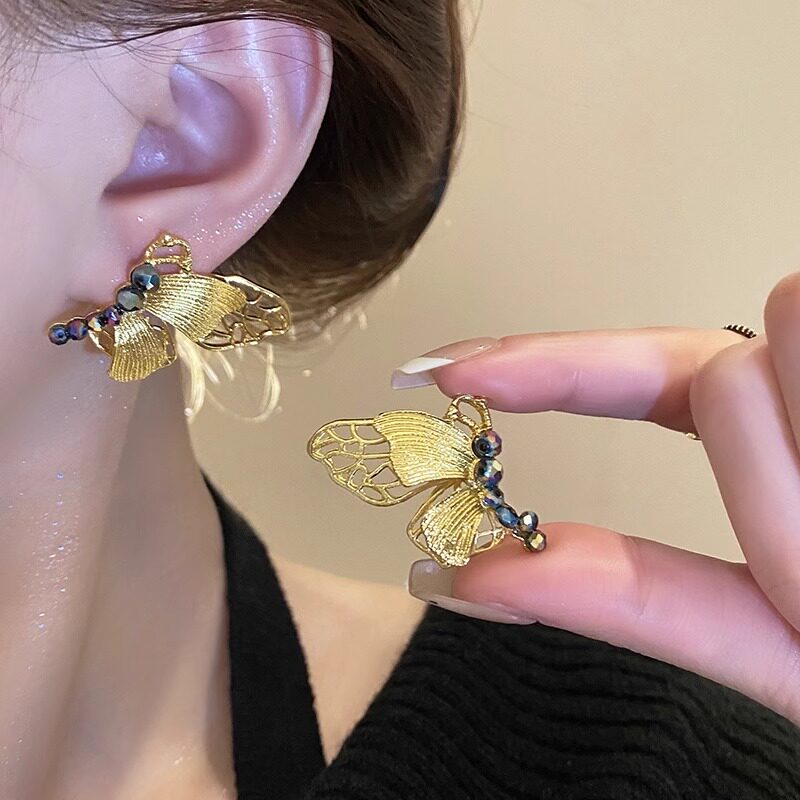 银针彩钻蝴蝶耳钉轻奢高级感