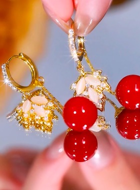 MEILAIFUREN高端定制安哥拉红色珍珠耳环时尚洋气大气新款耳饰女