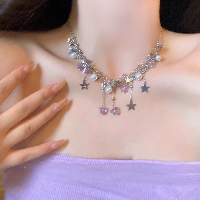 紫色蝴蝶星星流苏项链锁骨链女款