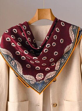 新年红色喜庆真丝羊毛方巾女士外搭防风围巾送长辈送妈妈领巾披肩