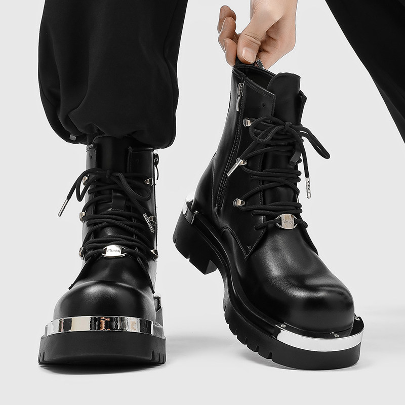 朋克风小众设计感厚底增高马丁靴男秋冬机车靴拉链工装靴大头皮靴